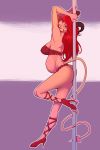  bakuhaku big_breasts bra breasts butt clothing dancing demon demon_humanoid footwear hair hi_res high_heels humanoid long_hair looking_at_viewer panties pole pole_dancing pregnant red_hair shoes smile thong underwear 