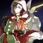  1boy bangs brown_eyes brown_hair christmas eyebrows_visible_through_hair facial_hair fate/grand_order fate_(series) fingerless_gloves fur_trim gauntlets gift gloves goatee goya_(xalbino) hair_ribbon hat hector_(fate/grand_order) looking_at_viewer male_focus polearm ponytail ribbon santa_costume santa_hat shiny shiny_hair signature smile solo star_(symbol) upper_body weapon 