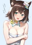  1girl :d animal_ear_fluff animal_ears aqua_eyes bangs bare_shoulders blush breasts brown_hair cat_ears cleavage collarbone detached_collar eyebrows_visible_through_hair fang fumino_tamaki hand_on_own_arm hat looking_at_viewer medium_breasts mini_hat neck_ribbon nijisanji nishizawa open_mouth ribbon short_hair sideways_hat simple_background smile solo strapless translation_request virtual_youtuber white_background white_headwear yellow_neckwear yellow_ribbon 