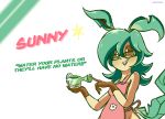  anthro anthrofied digital_media_(artwork) eeveelution english_text eyewear female glasses jaspixie leaf leaf_hair leaf_tail leafeon looking_up nintendo plant plant_hair pok&eacute;mon pok&eacute;mon_(species) pok&eacute;morph pseudo_hair simple_background sunnyleafeon_(mintyspirit) text video_games watering_can 