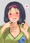  1girl bangs black_hair blush breasts cleavage collarbone cum cum_in_mouth cum_on_body cum_on_breasts cum_on_tongue cum_on_upper_body erika_(pokemon) finger_to_tongue green_kimono grey_background hairband hands_up heart japanese_clothes kimono looking_at_viewer medium_hair mixed-language_commentary ok_sign open_mouth poke_ball_print pokemon pokemon_(game) pokemon_frlg rarumu_(user_hynj3338) red_eyes red_hairband simple_background solo spoken_heart tongue tongue_out 