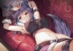  1girl animal_ear_fluff animal_ears arm_behind_head arm_warmers armpits arms_up belt black_hair blue_hair blush breasts brown_eyes buckle commentary_request couch crop_top fur-trimmed_skirt fur_trim groin hand_on_forehead large_breasts looking_at_viewer lying makoto_(princess_connect!) multicolored_hair navel on_back on_couch open_mouth ouka_(ra-raradan) pillow princess_connect! princess_connect!_re:dive purple_skirt sideboob skirt skirt_pull solo stomach tail thigh_strap two-tone_hair 