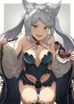  1girl animal_ears bangs bare_shoulders black_leotard blush border braid braided_bangs breasts cleavage collarbone erune fraux granblue_fantasy grey_background hinami_(hinatamizu) hooded_robe leaning_forward leotard long_hair long_sleeves looking_at_viewer medium_breasts open_clothes open_mouth open_robe revision robe silver_hair smile swept_bangs thighhighs thighs twintails white_border yellow_eyes 