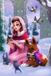  2017 avian beak beauty_and_the_beast belle_(beauty_and_the_beast) blush brown_body brown_eyes brown_fur brown_hair cape clothing disney eevee eyelashes fangs female fingers fur hair hi_res human kneeling lips mammal nintendo pidove pok&eacute;ball pok&eacute;mon pok&eacute;mon_(species) snow snowing starly taillow tan_body tan_fur tree tsaoshin tuft video_games 