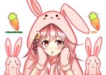  1girl animal animal_hood blush bunny bunny_hood carrot character_name eyebrows_visible_through_hair fire_maxs food hair_between_eyes highres hood kantai_collection long_hair open_mouth pink_eyes pink_hair simple_background solo twitter_username upper_body uzuki_(kantai_collection) vegetable very_long_hair white_background 