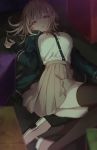  1girl bangs beige_skirt black_jacket black_legwear blurry blurry_foreground blush breasts brown_hair danganronpa depth_of_field eyebrows_visible_through_hair flipped_hair green_jacket hair_ornament hairclip half-closed_eyes highres io_(iooo666) jacket large_breasts long_hair long_sleeves looking_at_viewer lying nanami_chiaki on_back on_ground open_clothes open_mouth pink_eyes pink_footwear pink_ribbon pleated_skirt ribbon shirt shoes skirt solo super_danganronpa_2 thighhighs white_shirt 