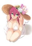  1girl azur_lane bad_perspective bikini breasts collarbone dated eyebrows_visible_through_hair flower flower_hat from_above green_eyes hat kneeling large_breasts long_hair looking_at_viewer red_hair signature simple_background solo straw_hat surcouf_(azur_lane) surcouf_(loisirs_balneaires)_(azur_lane) swimsuit unel white_background white_bikini 