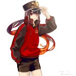  1girl adjusting_headwear bangs black_hair collar eyebrows_visible_through_hair family_crest fate/grand_order fate_(series) fire goya_(xalbino) hair_between_eyes hand_in_pocket hat jacket long_hair long_sleeves looking_at_viewer multicolored_hair oda_nobunaga_(fate)_(all) oda_uri orange_hair peaked_cap ponytail red_eyes shorts sidelocks signature solo two-tone_hair upper_body white_background 