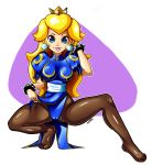  1girl absurdres alternate_costume asesimio_fur blonde_hair blue_dress blue_eyes bracelet breasts brown_legwear china_dress chinese_clothes chun-li chun-li_(cosplay) commentary cosplay crown dress earrings full_body highres jewelry long_hair looking_at_viewer mario_(series) pantyhose princess_peach puffy_short_sleeves puffy_sleeves sash short_sleeves signature smile solo spiked_bracelet spikes street_fighter super_mario_bros. thighs 