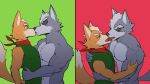 16:9 anthro bandanna canid canine canis clothed clothing duo embracing_another eye_patch eyewear fox fox_mccloud french_kissing hi_res jrjresq kissing male male/male mammal nintendo star_fox topless video_games widescreen wolf wolf_o&#039;donnell 