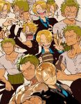  2boys alcohol anger_vein angry armband beer_mug black_suit blonde_hair bottle chest cigarette collage collarbone couple cup earrings fighting frown green_hair hair_over_one_eye japanese_clothes jewelry katana kicking laughing long_sleeves looking_at_another male_focus marimo mug multiple_boys muscle necktie one_eye_closed one_piece open_clothes pectorals roronoa_zoro runa_(artist) sanji sharp_teeth short_sleeves sleeping sleeping_on_person smile smoking sparkle sword teeth toned toned_male weapon yaoi 
