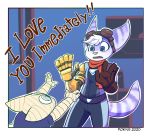  anthro blue_eyes clothing duo eyewear female fur goggles goggles_on_head hi_res lombax male mammal pokyuii prosthetic prosthetic_arm prosthetic_limb ratchet_and_clank rift_apart_lombax stripes video_games 