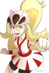  1girl bangs bare_shoulders bicycle_helmet bike_shorts blonde_hair clenched_hands commentary_request dress eyelashes green_eyes gym_leader hair_between_eyes helmet highres hizukiki koruni_(pokemon) long_hair looking_at_viewer open_mouth pokemon pokemon_(game) pokemon_xy ponytail red_dress simple_background solo teeth tongue two-tone_dress very_long_hair white_background white_dress wristband 