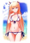  1girl ass_visible_through_thighs bangs bikini blonde_hair blue_ribbon blurry blurry_background breasts christiane_friedrich closed_mouth cloud collarbone eyebrows_visible_through_hair groin hair_between_eyes hair_ribbon halterneck head_tilt ikki_(tue_sein_bestes) long_hair looking_at_viewer lowleg lowleg_bikini maji_de_watashi_ni_koi_shinasai! mole mole_under_eye navel ocean purple_eyes red_ribbon ribbon side-tie_bikini sideboob small_breasts smile solo swimsuit thigh_gap underboob very_long_hair white_background white_bikini 