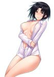  1girl absurdres between_legs black_hair blue_eyes bottomless breasts character_request cleavage closed_mouth collarbone collared_shirt copyright_request dress_shirt half-closed_eyes hand_between_legs highres ikki_(tue_sein_bestes) large_breasts looking_at_viewer lying maji_de_watashi_ni_koi_shinasai! naked_shirt navel on_back open_clothes open_shirt shiny shiny_hair shirt short_hair simple_background solo white_background white_shirt wing_collar 