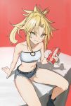  1girl artstation_sample bandeau bangs belt black_footwear blue_shorts blush boots braid breasts can collarbone denim denim_shorts fate/apocrypha fate_(series) french_braid green_eyes grin highres image_sample kiritzuguart long_hair looking_at_viewer mordred_(fate) mordred_(fate)_(all) navel parted_bangs pinky_out ponytail red_background scrunchie short_shorts shorts sidelocks sitting small_breasts smile soda_can thighs 