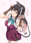  1girl animal_ears black_hair blouse breasts brown_gloves cat_ears cat_tail extra_ears fang fingerless_gloves gloves grey_legwear hair_down hairband highres jacket kantai_collection large_breasts long_hair multicolored_hair naganami_(kantai_collection) ochikata_kage open_clothes open_jacket paw_print_background pink_hair pleated_skirt purple_skirt purple_vest remodel_(kantai_collection) short_sleeves skirt solo tail thighhighs two-tone_hair vest wavy_hair white_background white_blouse white_hairband yellow_eyes 