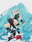  1girl aqua_hair artist_name bare_shoulders black_footwear black_skirt blue_eyes boots clenched_hand collared_shirt commentary_request detached_sleeves entangled gotoh510 hair_brush hair_dryer hair_ribbon half-closed_eye hatsune_miku highres knee_up long_hair looking_at_viewer loose_necktie messy_hair necktie on_floor pleated_skirt pout ribbon scissors shirt simple_background sitting skirt sleeveless sleeveless_shirt solo thigh_boots thighhighs very_long_hair vocaloid white_background younger 