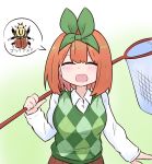  1girl :d ^_^ bangs beetle blush breasts brown_skirt bug butterfly_net closed_eyes collared_shirt commentary_request eyebrows_behind_hair facing_viewer go-toubun_no_hanayome gradient gradient_background green_background green_ribbon hair_ribbon hand_net hand_up highres holding insect kujou_karasuma long_sleeves medium_breasts nakano_yotsuba open_mouth orange_hair pleated_skirt ribbon shirt skirt smile solo spoken_animal sweater_vest white_background white_shirt 