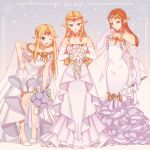  3girls :d ;d bangs bare_legs bare_shoulders bitikara blonde_hair blue_eyes bouquet breasts bridal_gauntlets brown_hair circlet collarbone commentary dress english_commentary english_text flower frilled_dress frills full_body gloves grey_background hand_on_hip holding holding_bouquet leaning_forward long_hair looking_at_viewer medium_breasts multiple_girls multiple_persona off-shoulder_dress off_shoulder one_eye_closed open_mouth parted_bangs pointy_ears princess_zelda see-through shawl sidelocks simple_background small_breasts smile standing straight_hair super_smash_bros. the_legend_of_zelda the_legend_of_zelda:_twilight_princess thighs wavy_hair wedding_dress white_dress white_gloves 
