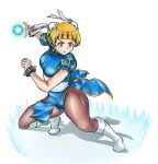  1girl alternate_costume aura blonde_hair blue_dress boots bracelet breasts brown_legwear bun_cover busan_no_hamaguchi china_dress chinese_clothes chun-li chun-li_(cosplay) commentary_request cosplay cross-laced_footwear double_bun dress earrings eyebrows_visible_through_hair fighting_stance fukuda_noriko full_body highres idolmaster idolmaster_million_live! idolmaster_million_live!_theater_days jewelry knee_boots orb pantyhose puffy_short_sleeves puffy_sleeves sash short_hair short_sleeves simple_background solo spiked_bracelet spikes standing street_fighter thighs white_background white_footwear yellow_eyes 