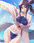  1girl ban bangs bare_shoulders bikini black_hair blue_bikini blue_eyes blue_sky blunt_bangs breasts collarbone cropped_jacket fate/grand_order fate_(series) groin hair_bun hair_ribbon highres hip_focus jacket jacket_over_swimsuit light_particles long_hair long_sleeves looking_at_viewer medium_breasts navel off_shoulder open_mouth parted_bangs ribbon side_ponytail sky smile solo sunlight swimsuit thigh_gap thighs ushiwakamaru_(fate/grand_order) ushiwakamaru_(swimsuit_assassin)_(fate) very_long_hair yellow_jacket 
