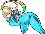  1girl aqua_eyes blonde_hair blue_bodysuit bodysuit breasts enpe eyebrows_visible_through_hair gun holding holding_gun holding_weapon large_breasts long_hair metroid mole mole_under_mouth ponytail samus_aran simple_background solo v-shaped_eyebrows weapon white_background zero_suit 