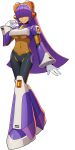 1girl android bangs blunt_bangs breasts covered_navel dark_skin full_body hair_over_eyes headset highres hime_cut layer_(rockman) long_hair microphone mizuno_keisuke mole mole_under_eye navel official_art parted_lips purple_hair robot_ears rockman rockman_x rockman_x_dive solo standing transparent_background underboob very_long_hair 