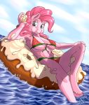  absurd_res anthro anthrofied big_breasts bikini breasts brushstroke clothing doughnut eating equid equine female food friendship_is_magic hi_res looking_at_viewer lying mammal my_little_pony on_back pinkie_pie_(mlp) solo swimwear water 