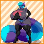  1:1 absurd_res ailurid anthro ber00 big_breasts border breasts clothing curvaceous curvy_figure female fluffy fluffy_tail fur hair hi_res huge_breasts hyper hyper_breasts legwear looking_at_viewer mammal nintendo nipple_outline orange_border pattern_background plum_the_red_panda pok&eacute;mon red_panda simple_background smile solo striped_background striped_tail stripes team_rocket thick_thighs thigh_highs tuft video_games voluptuous 
