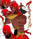  1boy abs ashwatthama_(fate/grand_order) back bangs chest closed_eyes collage dark_skin dark_skinned_male fate/grand_order fate_(series) forehead_jewel gauntlets hand_on_own_neck looking_at_viewer male_focus muscle nipples open_mouth pointing_to_the_side red_hair royst shirtless simple_background smile sweatdrop teeth toned toned_male translation_request yellow_eyes 