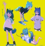  &gt;:) /\/\/\ 1girl =3 ^_^ animal_ear_fluff animal_ears animal_print antenna_hair aqua_footwear aqua_hair arm_up backlighting bangs bare_legs barefoot bent_over black_footwear black_shirt black_shorts blue_hair blue_shorts blush cat_ears cat_girl cat_tail clenched_hand closed_eyes closed_mouth collarbone contrapposto controller cowboy_shot cropped_legs cross-laced_footwear dot_nose eighth_note elbow_rest eyebrows facing_away facing_viewer feet_up fish_print from_behind from_side full_body game_controller gamepad hair_between_eyes hand_up hands_on_hips hands_on_own_knees happy highres holding holding_controller holding_game_controller legs_apart light_brown_eyes limited_palette long_hair looking_at_viewer looking_to_the_side loose_clothes loose_shirt lying motion_lines multiple_views musical_note niwabuki noshime_ruka on_stomach open_hand open_mouth orange_eyes original parted_lips playing_games raglan_sleeves shadow shirt shoes short_sleeves shorts signature simple_background smile smug sneakers spoken_musical_note standing t-shirt tail tareme v-shaped_eyebrows waving white_shirt yellow_background |d 