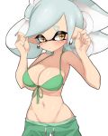  1girl bare_shoulders bikini blush breasts character_request domino_mask front-tie_bikini front-tie_top green_bikini highres inkling large_breasts long_hair mask midriff mole mole_under_eye navel pointy_ears simple_background solo splatoon_(series) stomach sukeo_(nunswa08) swimsuit tentacle_hair white_background 