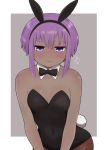  1girl animal_ears bare_shoulders black_hairband black_leotard black_neckwear blush bow bowtie breasts brown_legwear bunny_ears closed_mouth collar collarbone covered_navel dark_skin detached_collar fake_animal_ears fate/prototype fate/prototype:_fragments_of_blue_and_silver fate_(series) fishnet_legwear fishnets flying_sweatdrops grey_background hairband hassan_of_serenity_(fate) highres i.u.y leotard nervous_smile pantyhose purple_eyes purple_hair sidelocks small_breasts smile solo strapless strapless_leotard two-tone_background wavy_mouth white_background white_collar 