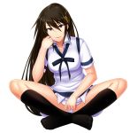  1girl bangs black_legwear blue_ribbon breasts brown_hair collared_shirt full_body hair_between_eyes ikki_(tue_sein_bestes) indian_style kawakami_momoyo kneehighs long_hair looking_at_viewer maji_de_watashi_ni_koi_shinasai! medium_breasts miniskirt neck_ribbon panties pantyhose red_eyes ribbon shirt short_sleeves simple_background sitting skirt solo underwear very_long_hair vest white_background white_panties white_shirt white_skirt white_vest wing_collar 