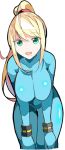  1girl :d aqua_eyes blonde_hair blue_bodysuit bodysuit breasts enpe eyebrows_visible_through_hair highres large_breasts long_hair looking_at_viewer metroid open_mouth ponytail samus_aran simple_background smile solo white_background zero_suit 