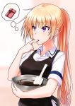  1girl alternate_hairstyle apron bangs black_apron blonde_hair christiane_friedrich collared_shirt dress_shirt eyebrows_visible_through_hair finger_to_mouth hair_between_eyes highres ikki_(tue_sein_bestes) index_finger_raised long_hair maji_de_watashi_ni_koi_shinasai! mole mole_under_eye pink_background ponytail purple_eyes shirt short_sleeves solo thought_bubble upper_body very_long_hair white_shirt wing_collar 