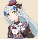  1girl bangs black_jacket blush brown_background cropped_torso dress eyebrows_visible_through_hair facial_mark garrison_cap german_flag girls_frontline green_eyes grey_hair hair_ornament hat highres hk416_(girls_frontline) jacket long_hair looking_at_viewer matsuo_(matuonoie) open_clothes open_jacket parted_lips purple_dress purple_headwear simple_background solo tilted_headwear upper_body very_long_hair 