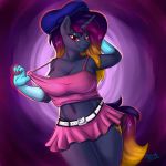  1:1 absurd_res anthro areola big_breasts bottomwear breasts brushstroke cleavage clothed clothing cutie_mark equid equine female hi_res horn mammal miniskirt my_little_pony red_eyes skirt solo teasing unicorn 