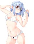  1girl :o arched_back arm_behind_head ass_visible_through_thighs bangs black-framed_eyewear blue_hair bow bow_panties bra breasts commentary_request cowboy_shot eyebrows_visible_through_hair glasses green_eyes hand_in_hair heterochromia highres izumo_konata lace lace-trimmed_panties looking_at_viewer medium_breasts medium_hair navel original panties parted_lips polka_dot polka_dot_bra polka_dot_panties red_eyes semi-rimless_eyewear simple_background skindentation solo standing under-rim_eyewear underwear underwear_only white_background white_bra white_panties 