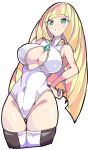  1girl adapted_costume aqua_eyes bare_arms bare_shoulders breasts center_opening covered_navel enpe eyebrows_visible_through_hair groin hand_on_hip highleg highleg_swimsuit highres large_breasts long_hair looking_at_viewer lusamine_(pokemon) mature one-piece_swimsuit pokemon pokemon_(game) pokemon_sm simple_background smile solo swimsuit thigh_gap thighhighs very_long_hair white_background white_swimsuit 