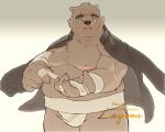  2020 anthro belly brown_body brown_fur clothing fur humanoid_hands kemono lagoon_bluebear male mammal moobs nipples overweight overweight_male scar shirt simple_background solo sumo topwear ursid 