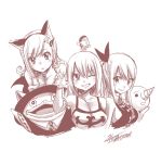  1boy 3girls animal_ears artist_name bare_shoulders breasts cat_ears character_request cleavage collarbone eden&#039;s_zero elie_(rave) eyebrows_visible_through_hair fairy_tail fake_animal_ears hair_between_eyes heart jewelry large_breasts looking_at_viewer lucy_heartfilia mashima_hiro monochrome multiple_girls necklace official_art one_eye_closed plue rave rebecca_(eden&#039;s_zero) short_hair sideboob simple_background smile teeth upper_body watermark white_background wristband 
