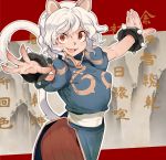  1girl aioi_u alternate_costume animal_ears blue_dress bracelet breasts brown_legwear cat_ears cat_girl cat_tail china_dress chinese_clothes chun-li chun-li_(cosplay) commentary_request cosplay dress eyebrows_visible_through_hair fighting_stance hunter_x_hunter jewelry looking_at_viewer neferpitou pantyhose puffy_short_sleeves puffy_sleeves red_eyes sash short_hair short_sleeves smile solo spiked_bracelet spikes standing street_fighter tail white_hair 