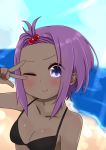  1girl ;&gt; arm_up bangs_pinned_back bare_shoulders bikini bikini_top black_bikini blurry blurry_background blush breasts cleavage closed_mouth collarbone dark_skin day depth_of_field fate/prototype fate/prototype:_fragments_of_blue_and_silver fate_(series) forehead hassan_of_serenity_(fate) highres horizon i.u.y ocean outdoors purple_eyes purple_hair short_hair small_breasts solo swimsuit upper_body v_over_eye water 