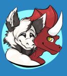  anthro duo fin fur hair horn hug hybrid kobold lad_(samwellgumgi) male male/male sam_(samwellgumgi) scalie simple_background smile unknown_artist 