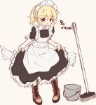  1girl alternate_costume apron bangs black_dress blonde_hair blush boots braid broom brown_background brown_footwear bucket cross-laced_footwear dated dress enmaided eyebrows_visible_through_hair frilled_apron frilled_dress frills full_body girls_frontline hair_between_eyes highres lace-up_boots looking_at_viewer maid maid_apron maid_headdress matsuo_(matuonoie) nagant_revolver_(girls_frontline) parted_lips ponytail puffy_short_sleeves puffy_sleeves red_eyes short_sleeves simple_background solo standing white_apron 
