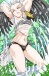  1girl arms_behind_head arms_up bare_arms bikini bikini_under_clothes bird_tail bird_wings black_bikini black_hair black_swimsuit blonde_hair blurry_foreground closed_eyes day dutch_angle feathered_wings feet_out_of_frame grass grey_hair head_wings highres kemono_friends long_hair midriff multicolored_hair navel open_mouth outdoors saijou_k see-through shirt shoebill_(kemono_friends) short_sleeves solo splashing spread_wings standing stomach strapless strapless_bikini swimsuit tail tied_shirt wading water wet wet_clothes wet_shirt white_shirt wings 