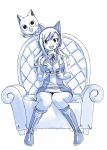  1girl animal_ears bare_shoulders boots bow bowtie breasts cat cat_ears chair controller eden&#039;s_zero eyebrows_visible_through_hair fake_animal_ears hair_between_eyes headphones holding_controller large_breasts looking_at_viewer mashima_hiro medium_breasts monochrome official_art open_mouth rebecca_(eden&#039;s_zero) simple_background sitting sleeveless solo teeth tongue white_background 