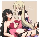  2girls absurdres bandaged_arm bandages bare_shoulders black_hair black_legwear blonde_hair blush breasts cleavage collarbone detached_sleeves ear_blush fur_trim girl_on_top green_eyes hair_between_eyes highres long_hair magilou_(tales) medium_breasts miiii multiple_girls pointy_ears tales_of_(series) tales_of_berseria torn_clothes torn_legwear velvet_crowe yellow_eyes yuri 